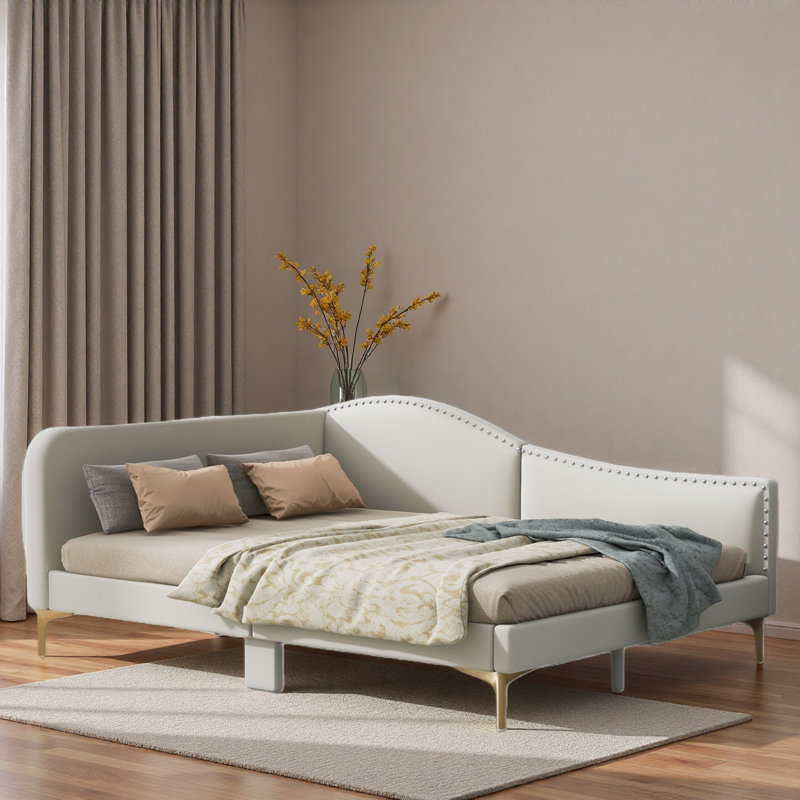 Upholstered Daybed With Headboard And Armrest, Beige, Full/Double