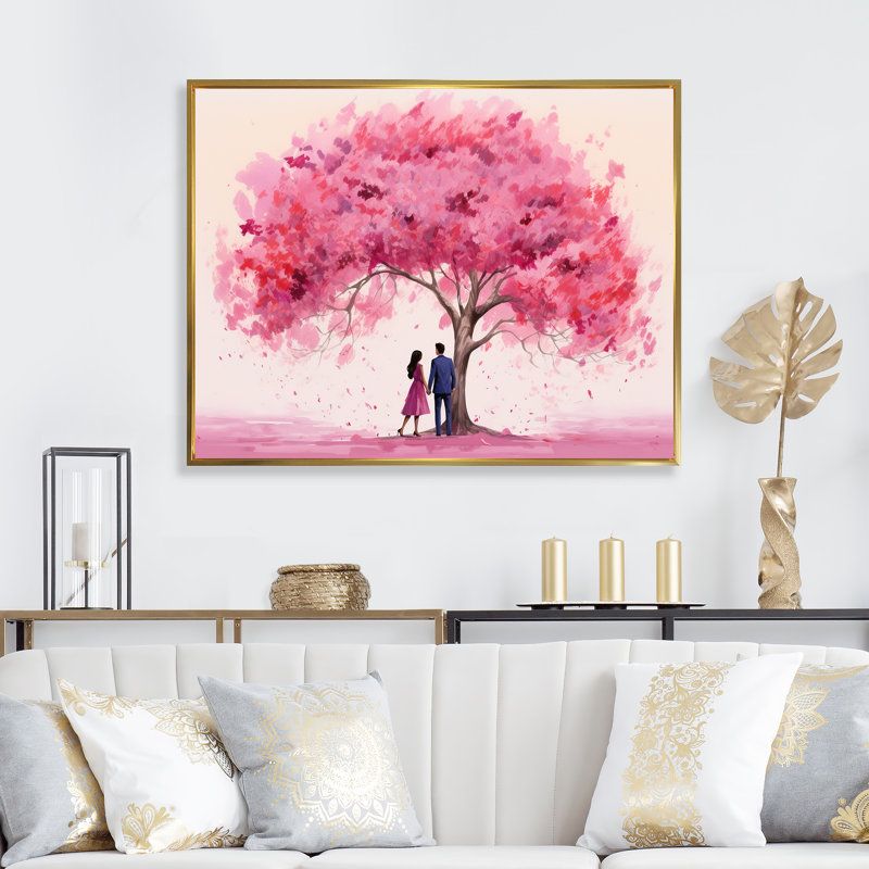 Couple romantique sous un arbre rose II - Art mural romantique, Cadre flottant doré, H 34 po x l 44 po x P 1,5 po