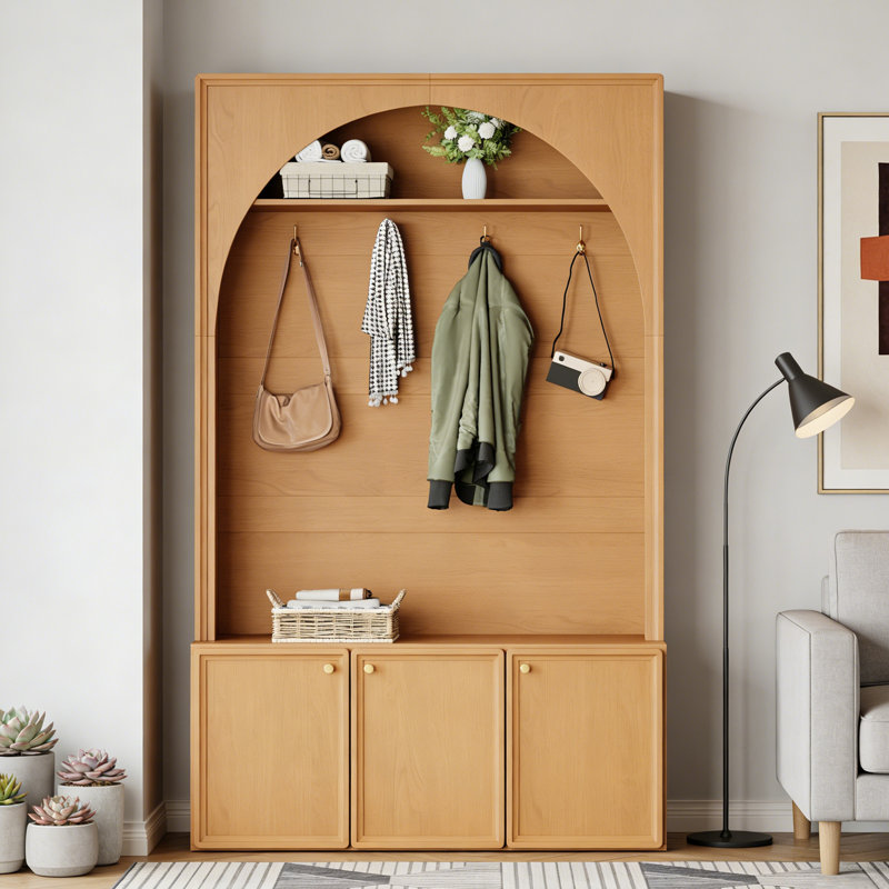 Multi Functional Hall Tree with Storage Bench and Adjustable Shelves, Natural