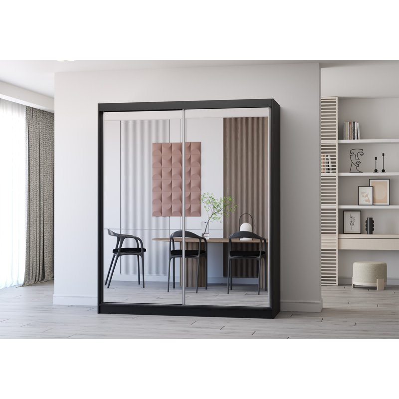 2 Door Laminate Wardrobe, Black front/Black doors, Two front mirrors