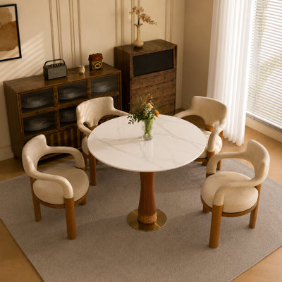 Sculpted Wood Pedestal Dining Table with Woven Wicker Detail & Round Stone Surface