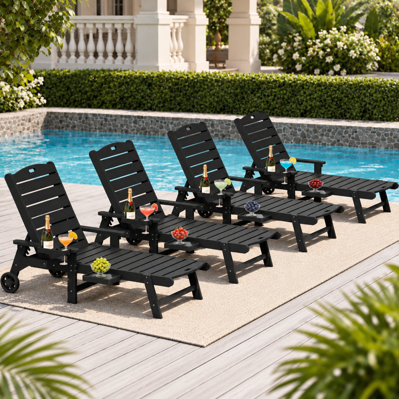 Chaise longue d'extérieur de 80 pouces, résistante aux intempéries, en silicone HIPS, avec porte-gobelet et accoudoirs, idéale pour la plage, la piscine ou la terrasse. Couleur : noir.