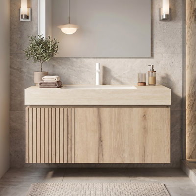 Meuble-lavabo flottant 36 po avec lavabo en céramique blanc encastré, armoire de rangement murale en contreplaqué avec tiroir et portes en chêne blanc, plateau en pierre frittée Roma Travertine avec 1 trou de robinet pré-percé, pré-assemblé