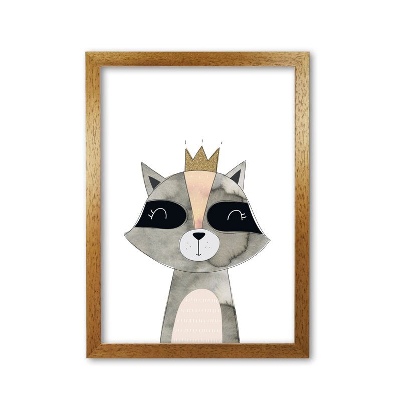 Scandi Grey Raccoon - Painting, Honey Oak Frame, 30 cm H x 21 cm W x 5 cm D