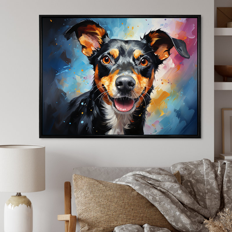 Popart Rat Terrier Rascal sur toile, H 12 po x l 20 po x P 1 po, Cadre flottant noir