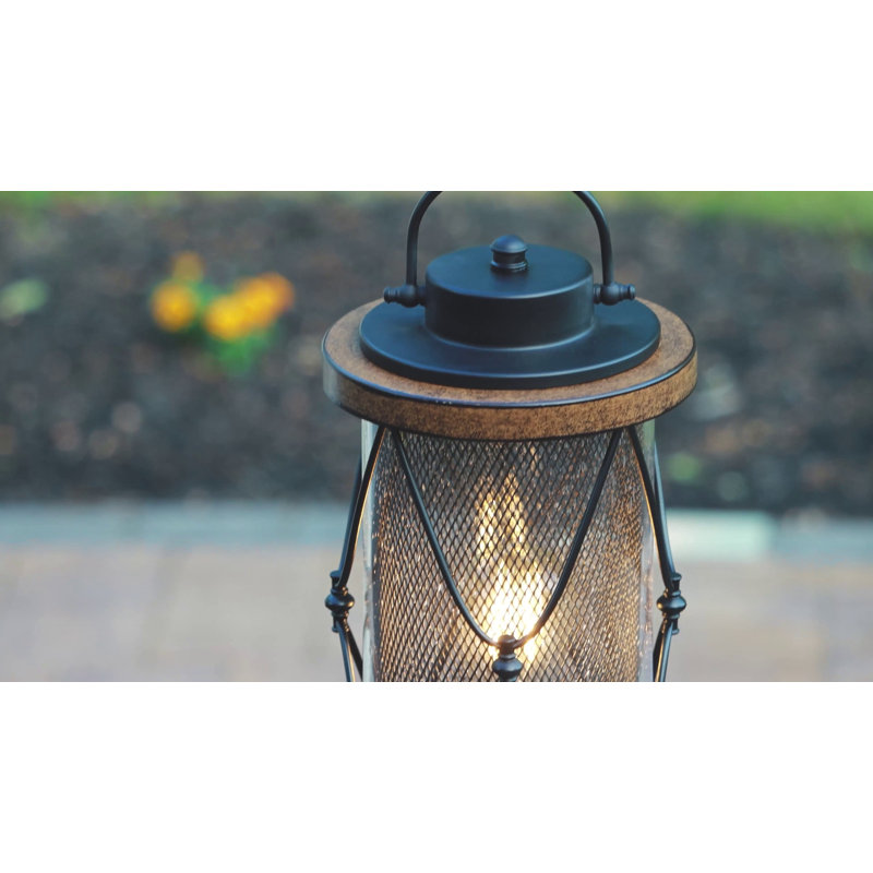 Matte Black and Barnwood Outdoor Post Light with Seeded Glass