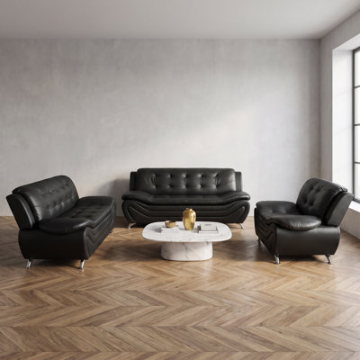 Black Modern Faux Leather 3-Piece Sofa Set, Tufted 3-Seat Couch Loveseat Armchair with Solid Wood Frame High-Density Memory Foam