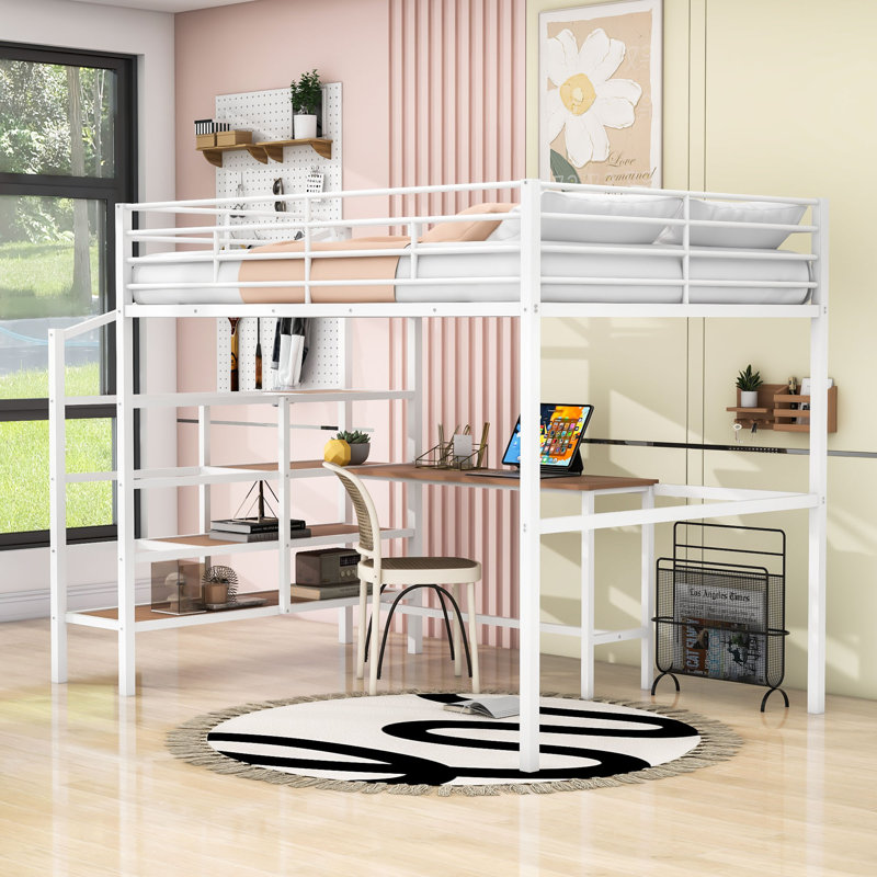 Full Metal Loft Bed With Desk, Storage Stairs And Guardrails, White