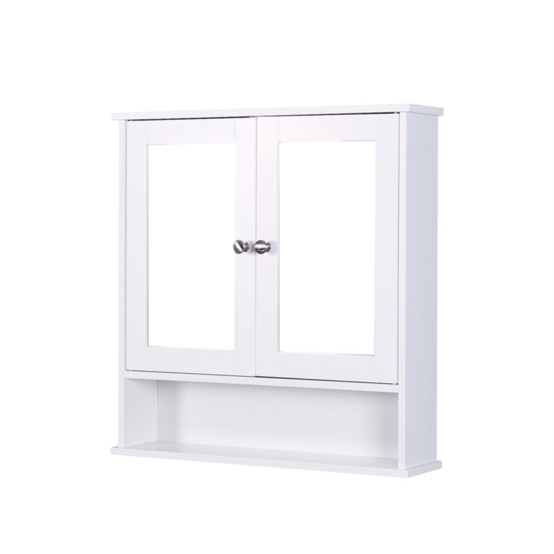 Armoire de salle de bain murale blanche avec 2 portes miroir et une tablette réglable