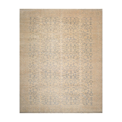 Tapis géométrique beige / bleu en laine noué à la main 10 pi x 14 pi Geometric