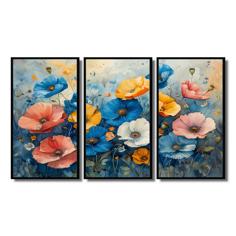 Stockport - ensemble d'art mural coquelicots, H 28 po x l 36 po x P 1 po, Toile avec cadre flottant noir