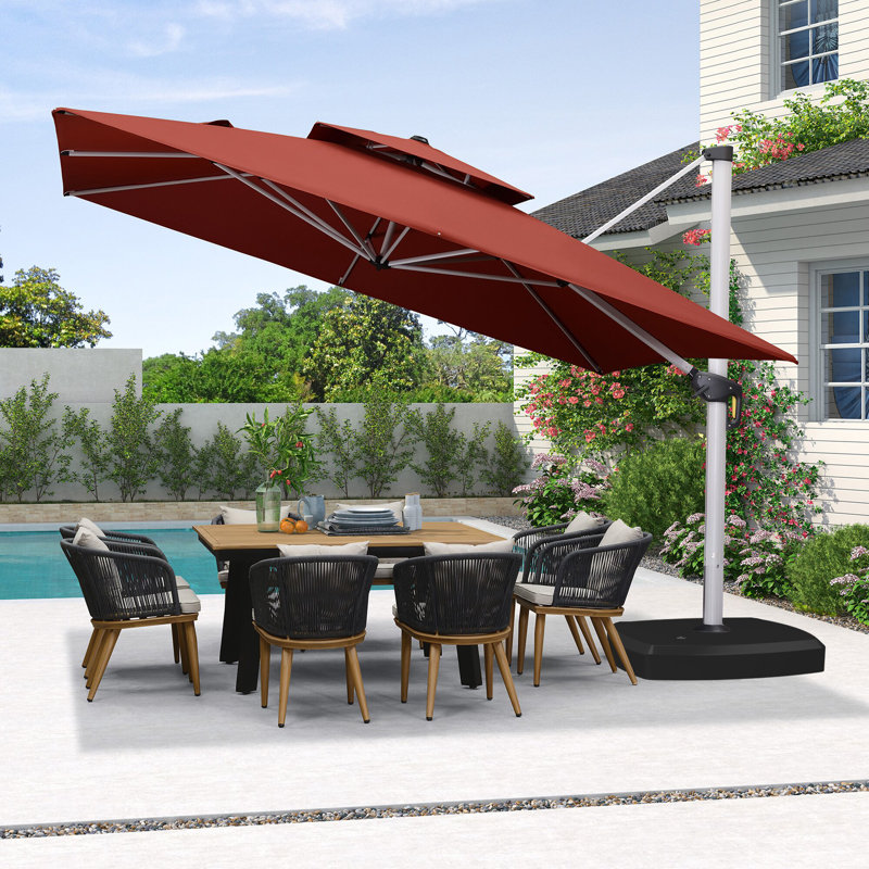 Parasol en porte-à-faux 144 po avec comptoir à manivelle et base à roulettes 144 po, rouge brique, Rouge brique