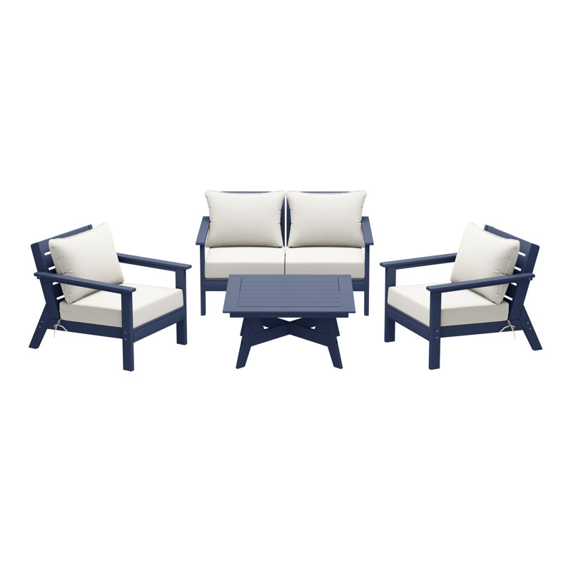 5-Piece Deep Seating Set, Navy Blue, White
