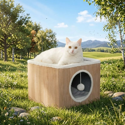 Foldable Cat Cube Condo with Reversible Cushions & Hanging Fluffy Ball, Large Cave Bed for Indoor Kittens, Brown Wood Grain Pattern