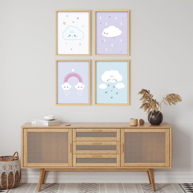 Multicolore, encadré, impression, ensemble, galerie, impression, collage, enfants, bandes dessinées, pastel, nuages, arc-en-ciel