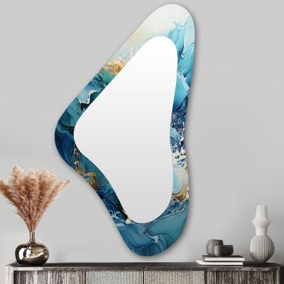 Pinank océan blanc et bleu courants III - miroir mural décoratif de forme irrégulière océan, miroir asymétrique turquoise, art imprimé en métal