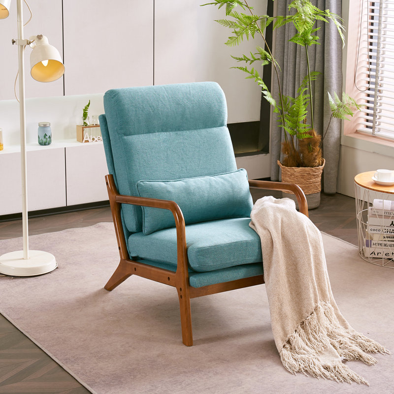 Teal Linen Mid-Century Modern Armchair with Pillow and Wood Frame