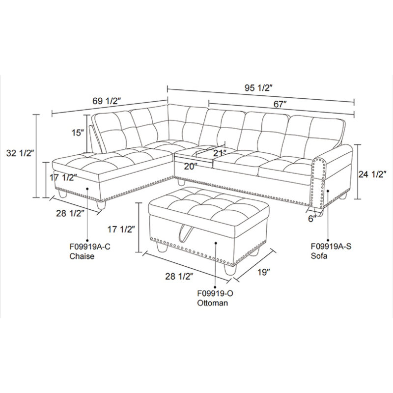 Harwant 3 Pieces 97" Wide Sectional Set,Sofa,Chaise&Ottoman, Right Hand Facing, Light Grey Linen