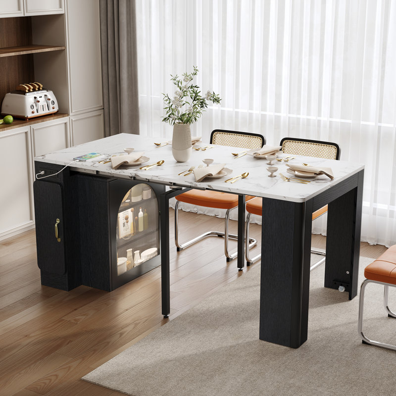  Table de salle à manger extensible, îlot de cuisine mobile, armoire de rangement roulante avec prise de courant, noir et blanc marbré