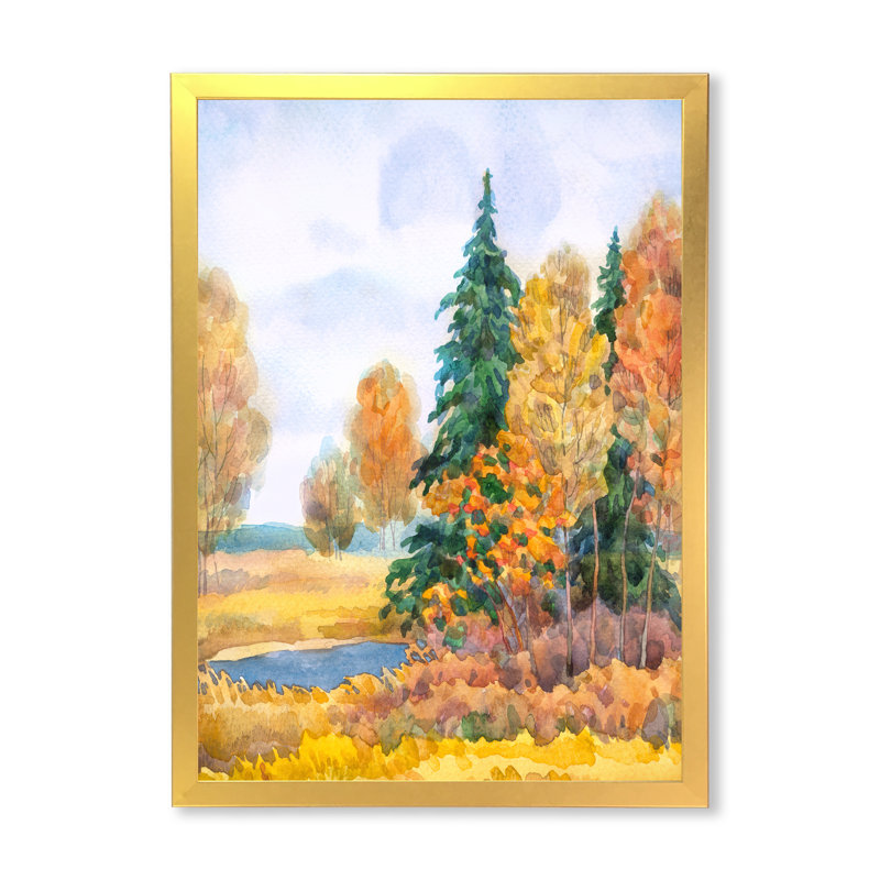 Forêt d'automne au bord du lac - Peinture sur toile, H 40 po x l 30 po x 1,5 po, Toile encadrée d'or