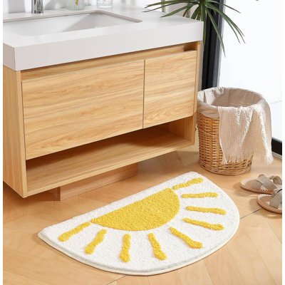 Bathroom Rugs Mat Half Circle - Cute Sun Fun White Yellow Boho Bath Mats Non Slip, Soft Absorbent Microfiber Bohemian Rug,White-Yellow