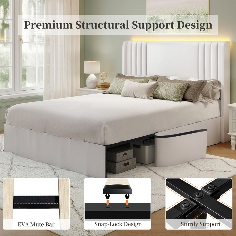 Upholstered Flip Top Storage Bed Frame, Double(4'6), White, PU