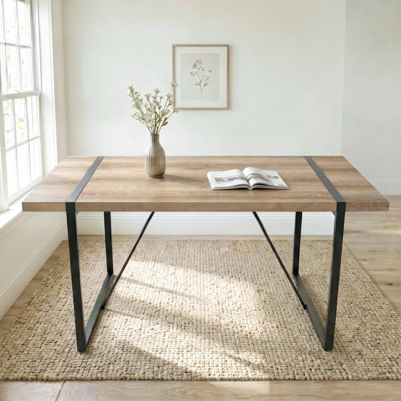 55 Inch Modern Industrial Rectangular Dining Table With Black Metal Legs, Natural Wood