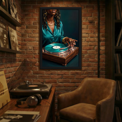 Femme abstraite avec tourne-disque et disque vinyle