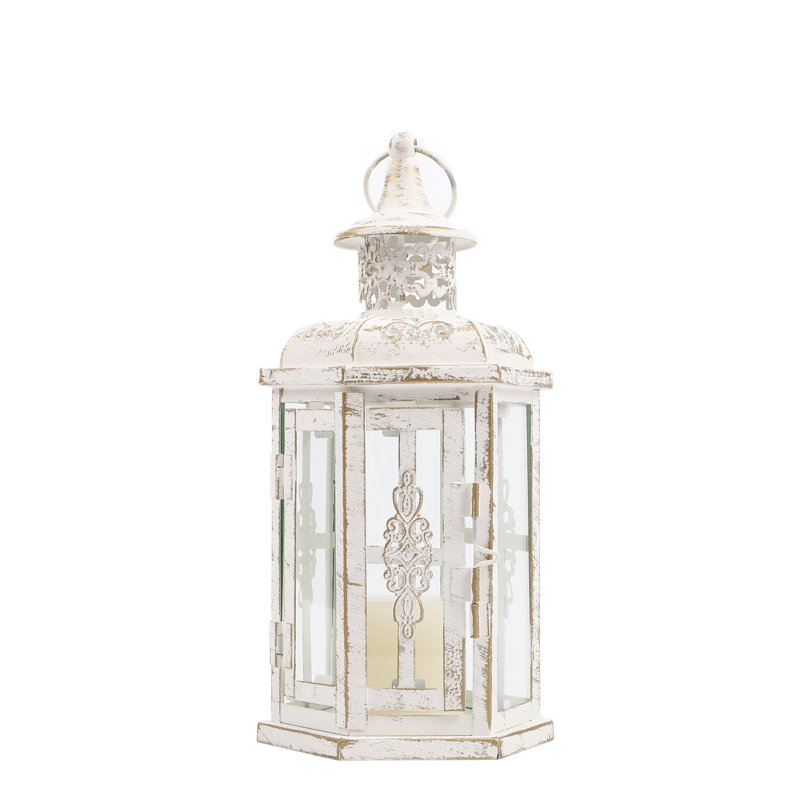 Lanterne décorative à bougie décorative de style lanterne suspendue de 10 pouces de style rétro pour les événements intérieurs et extérieurs, les mariages et les parités (blanc avec brosse dorée)