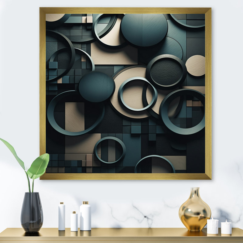 «Teal Fragmented Forms - Cubism», art mural, H 30 po x l 30 po x P 1 po, Cadre doré simple