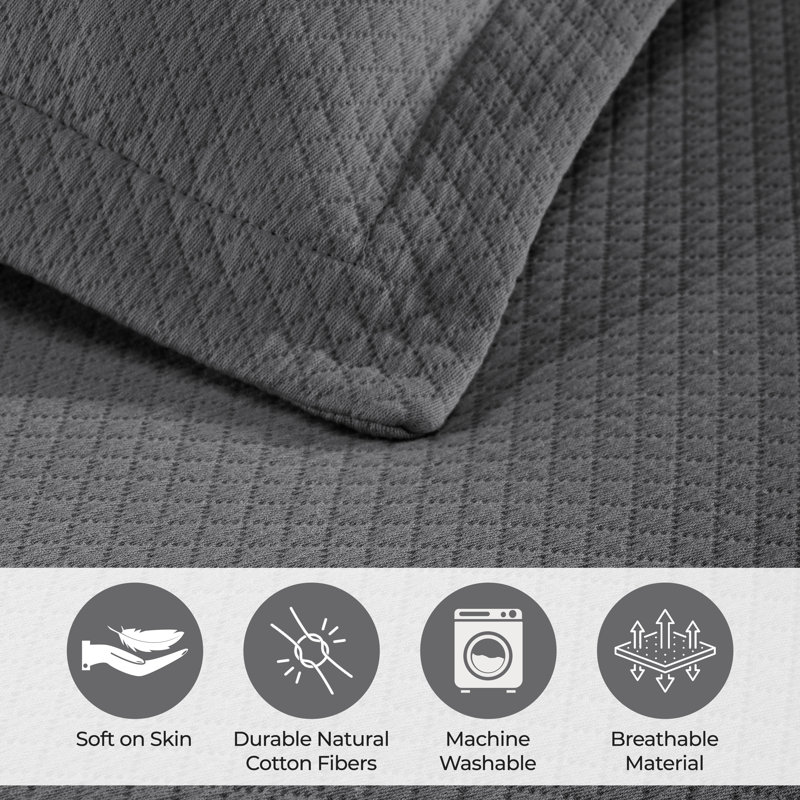 Superior Gray Cotton Twin Bedspread Set with Pillow Shams