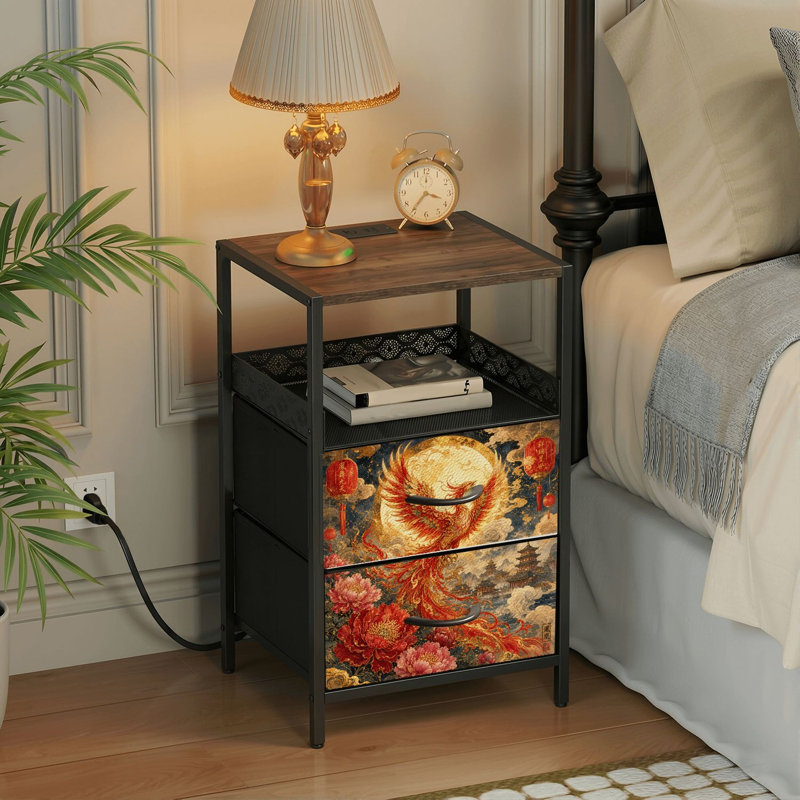 Table de chevet 2 tiroirs avec station de charge, table de chevet avec ports USB et amp; Table de chevet ouverte noire Outlets avec impression de plumes rouges éclatantes majestueuses