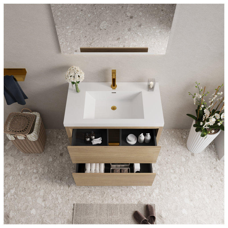 Meuble-lavabo autoportant 36 po avec plateau en résine de pierre et tiroirs à fermeture douce en chêne naturel