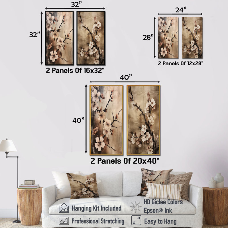 Cerisier en fleurs brun foncé - ensemble de 2 décorations murales cerise, Toile tendue, H 32 po x l 33 po