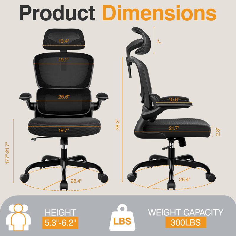 Lidwien Ergonomic Breathable Mesh Office Chair with Adjustable Headrest and Flip-Up Arms