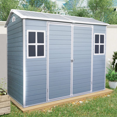 Abri de jardin en plastique gris 2,44 m x 1,22 m avec plancher - Conception compacte pour espaces restreints, deux fenêtres, double porte verrouillable, construction robuste, aérations, montage facile