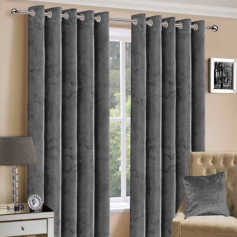 Hollange Crushed Velvet Eyelet Windows Panel Curtains, Grey, 168 W x 183 D cm