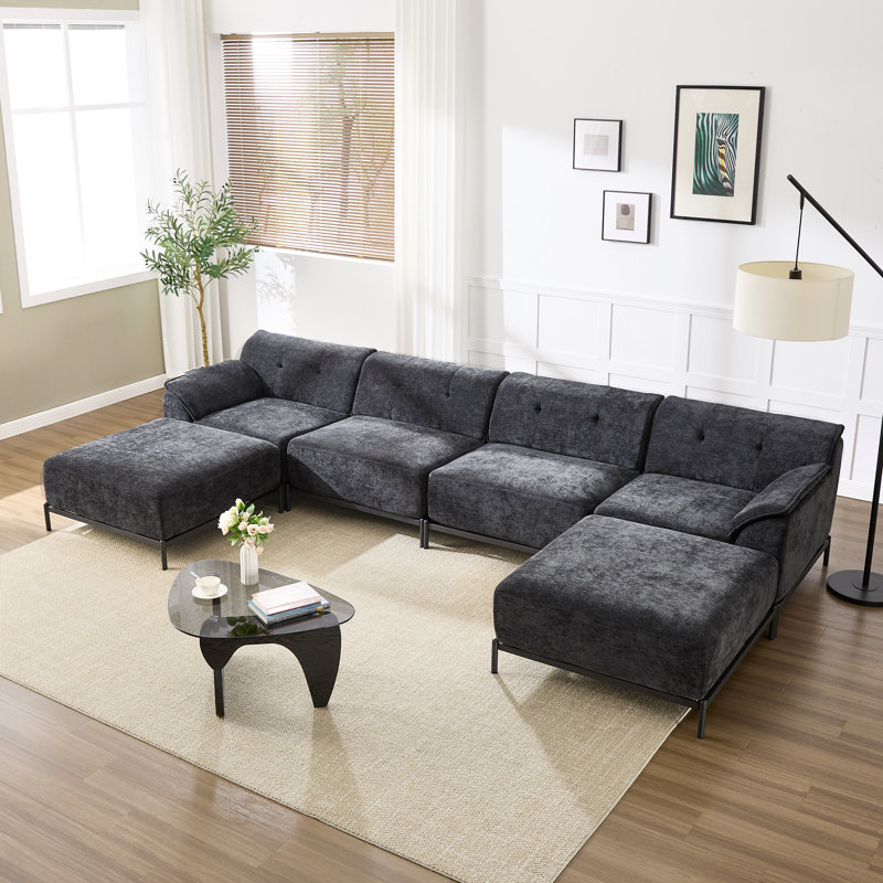 Canapé modulaire en chenille en U avec repose-pieds pour le salon, Chenille noir