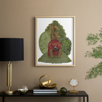 Lapin latte dans un chandail, reproduction encadrée - bois massif