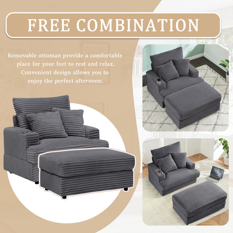 Oversized Chaise Lounge Chair Indoor with Ottoman, 39" W Corduroy Upholstered Comfy Sofa Couch with Cupholders and Deep Seat, Convertible Sleeper Sofa Bed Chair for Living Room, Bedroom