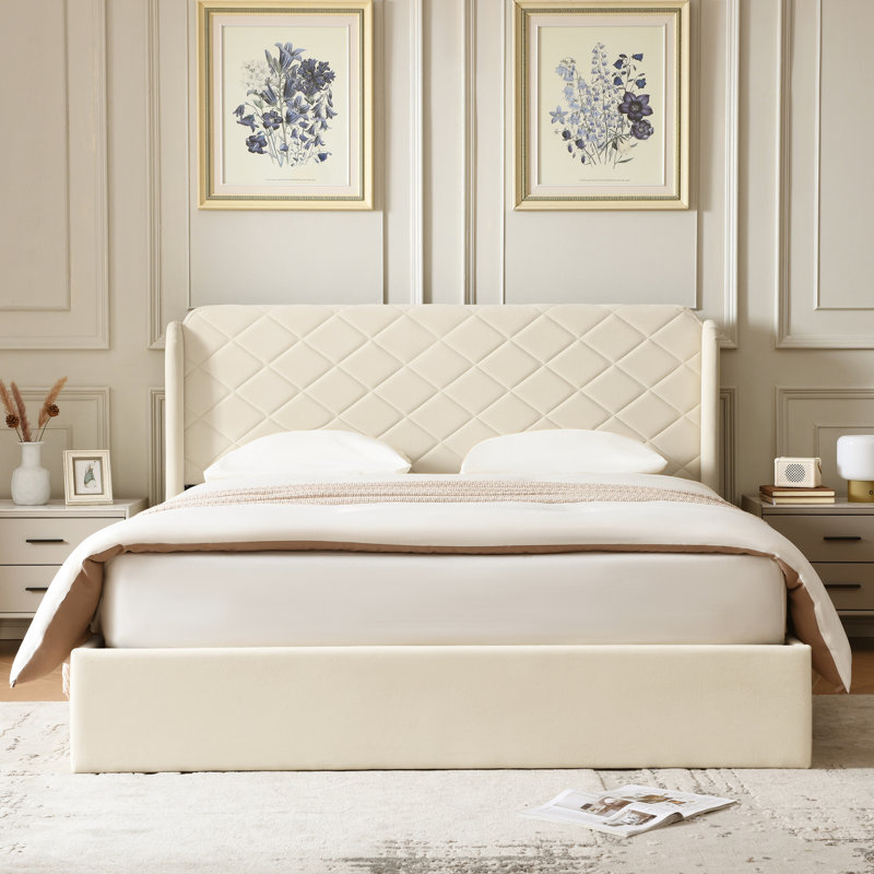 Lit plateforme tapissier avec rangement Gaillarde, Blanc cassé, Très grand