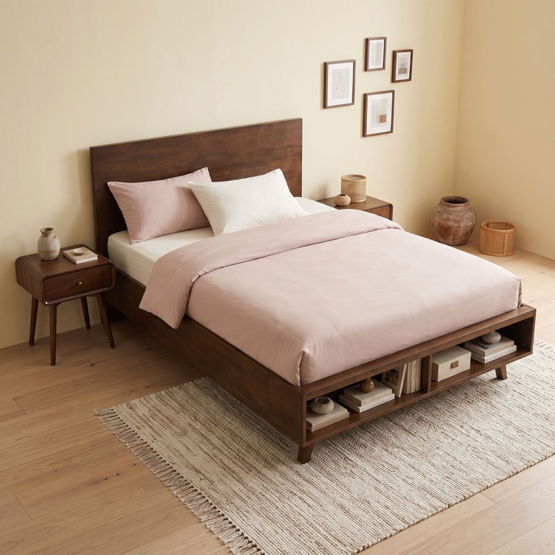 Lit plateforme en bois avec espace de rangement au pied du lit et tête de lit à panneaux, Queen