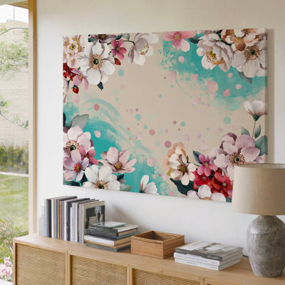 Toile, composition florale éclatante avec un tableau de fleurs, art mural sur toile principalement blanc et rose tendre