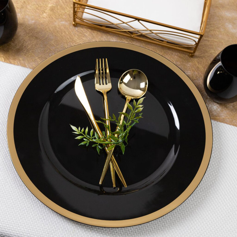 Assiettes rondes noires 13 pouces avec bordure dorée Ecoqualité 28 invités