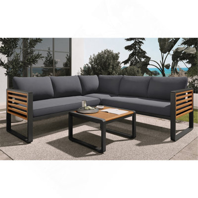 4 Pieces Outdoor Patio Conservation Set, Metal And Wood Frame Sectional L-Shaped Sofa With Soft Cushion And A Coffee Tables For Garden, Backyard, Porch And Deck