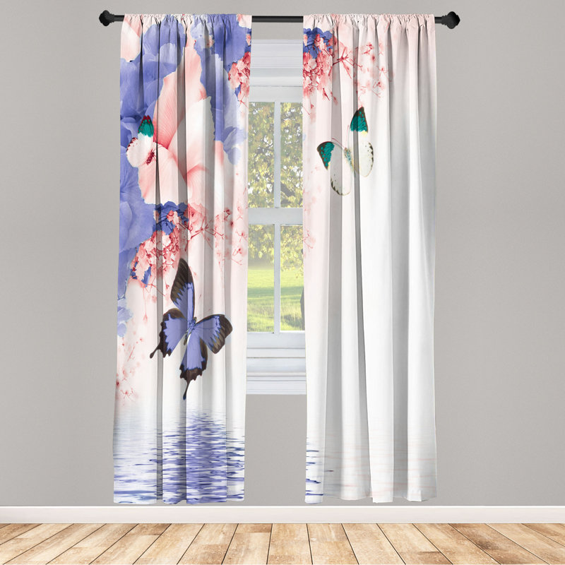 Microfiber Floral Semi-Sheer Rod Pocket Curtain Panels, 28" W x 84" L, SlateBlue/Light Pink