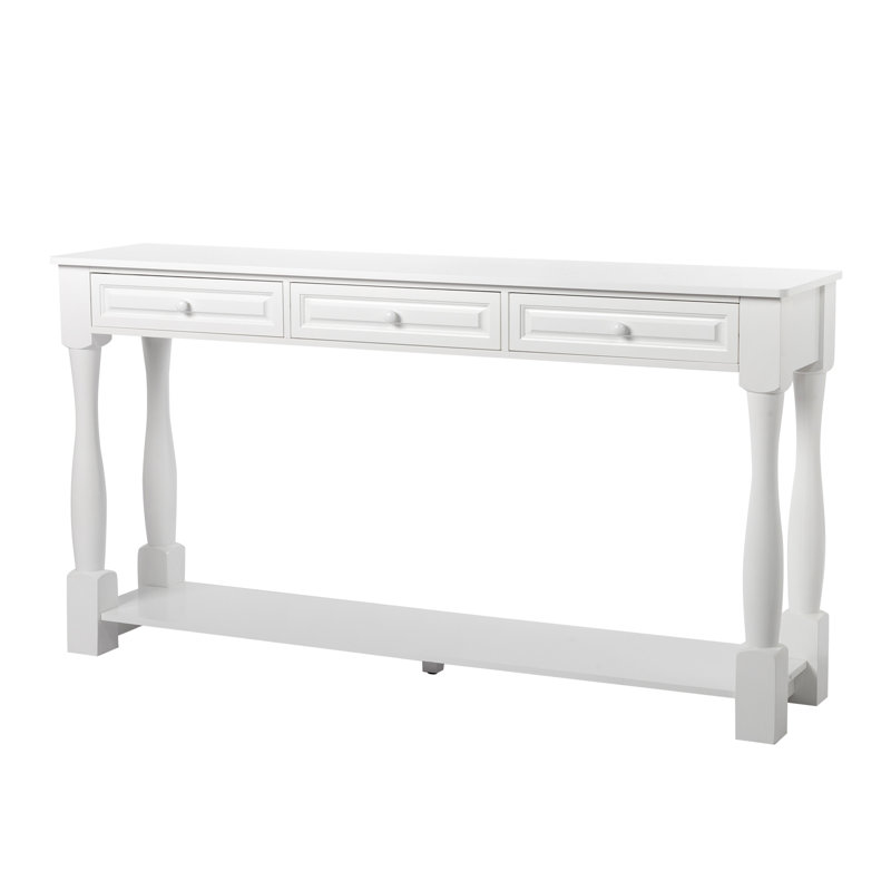 64.17in Vintage White Extended 2-Layer Hall Table with Three Drawers and Curved Legs, White