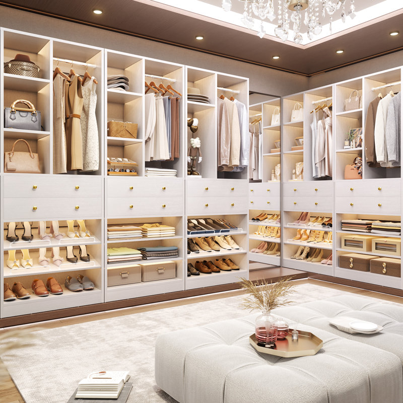 112" FT Closet Organizer System With Drawers And Shelves, White, 4pcs-112"W