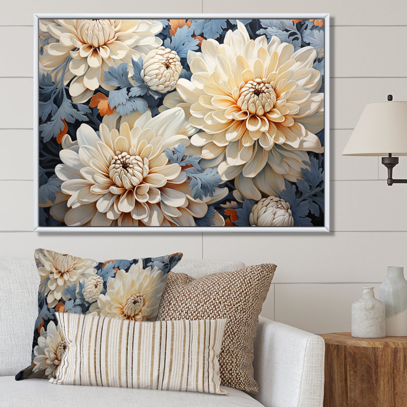 «White and Blue Chrysanthemums», mosaïque sur toile, H 16 po x l 32 po x P 1 po, Cadre naturel flottant