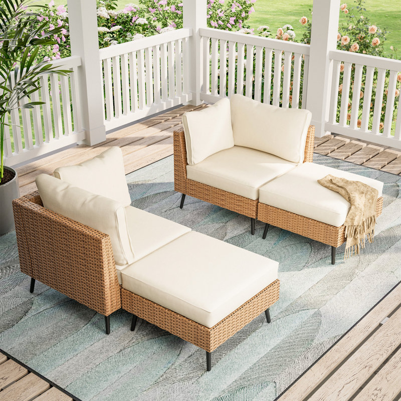 4 Pieces Sectional Seating Group With Cushions, White Cushion/Brown Frame